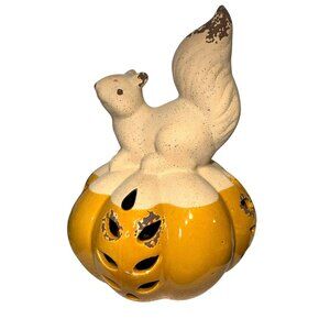 Squirrel On Orange Dip Pumpkin LED Ceramic Decor